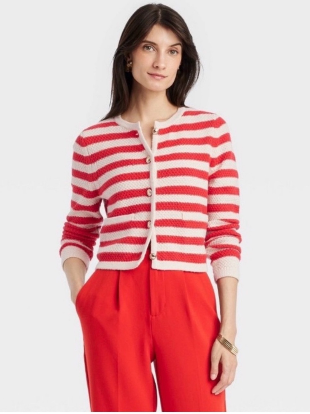 A New Day Striped Red and Cream Button-Front Cardigan